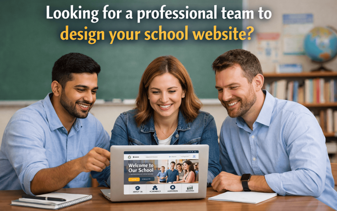 Three professionals designing a school website on a laptop in classroom setting