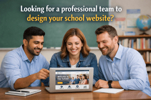 Three professionals designing a school website on a laptop in classroom setting